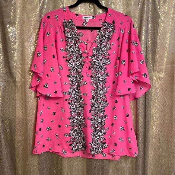 Express Bright Neon Hot Pink Black Floral Blouse, Large - Picture 1 of 6